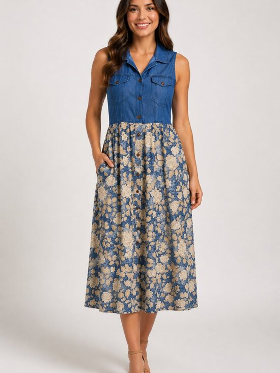 None Dresses & Skirts - Vintage Y2K Blue Linen Blend Floral Button Front Sleeveless Midi Dress Women's